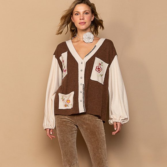 POL Button Down Embroidered Floral High-Low Hem Shirt